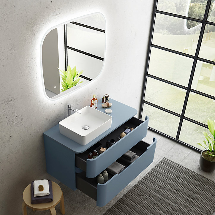 Ensemble de salle de bains L.104 cm meuble sous vasque version gauche + plan de toilette bleu mat, Alba