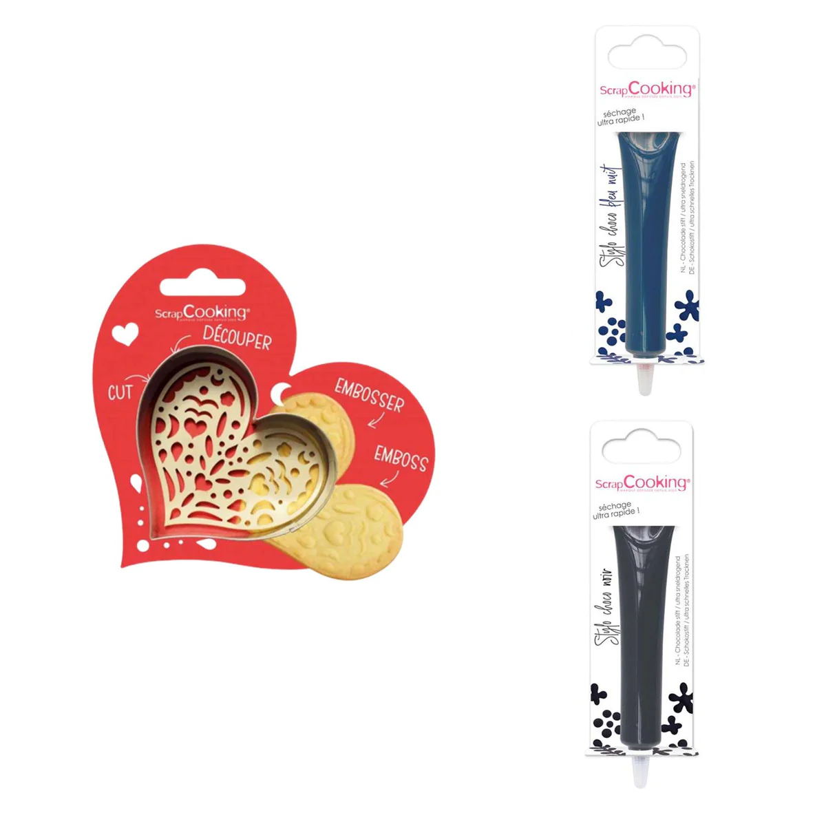 Kit pour biscuit en relief Coeur + 2 Stylos au chocolat bleu nuit et n