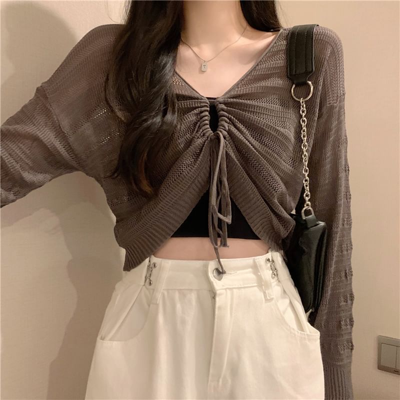 Secolo - Crop top met lange mouwen en trekkoord / effen cami-top