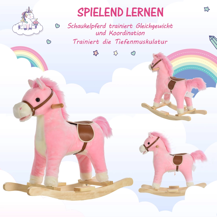 HOMCOM Kinder Schaukelpferd mit Tiergeräusche rosa