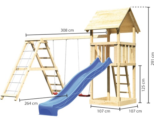 AKUBI Lotti houten speeltoren met zandbak, dubbele schommel, klimrek en glijbaan, blauw