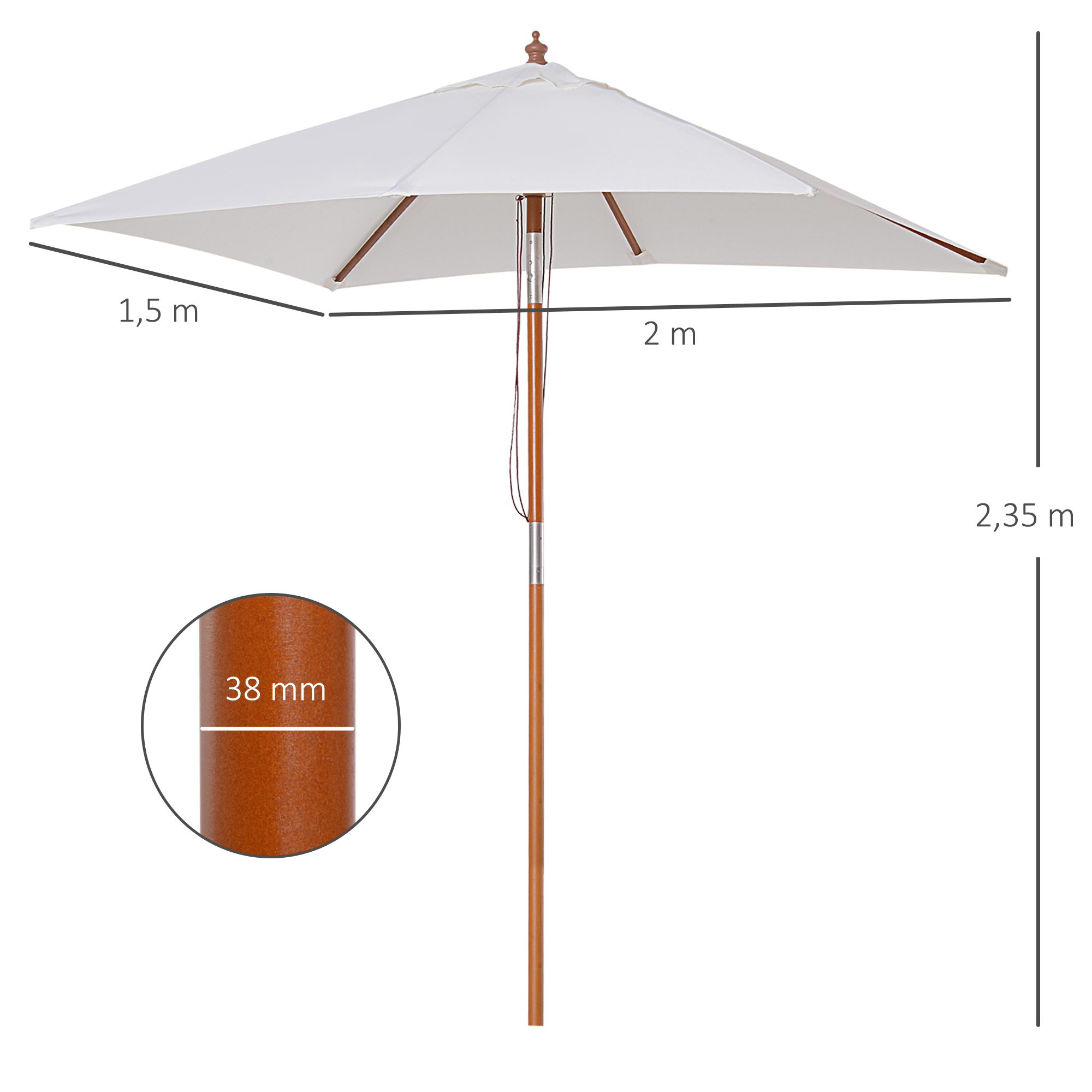 Guarda-sol de jardim Outsunny, retangular, inclinável, 200x150x235 cm, com proteção UV, impermeável e mastro de madeira, ideal para praia e pátio, cor creme.