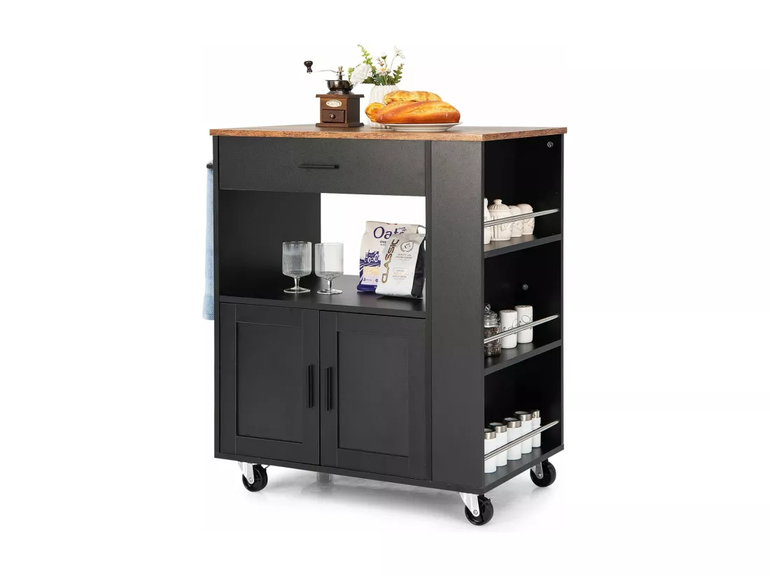 Desserte de Cuisine sur Roulettes (2 Verrouillables), Chariot de Cuisine avec Plateau en Bois et Placard, 3 Support à Épices, Chariot de Service Tiroir et Étagère Ouverte, 46x82x92 cm, Noir