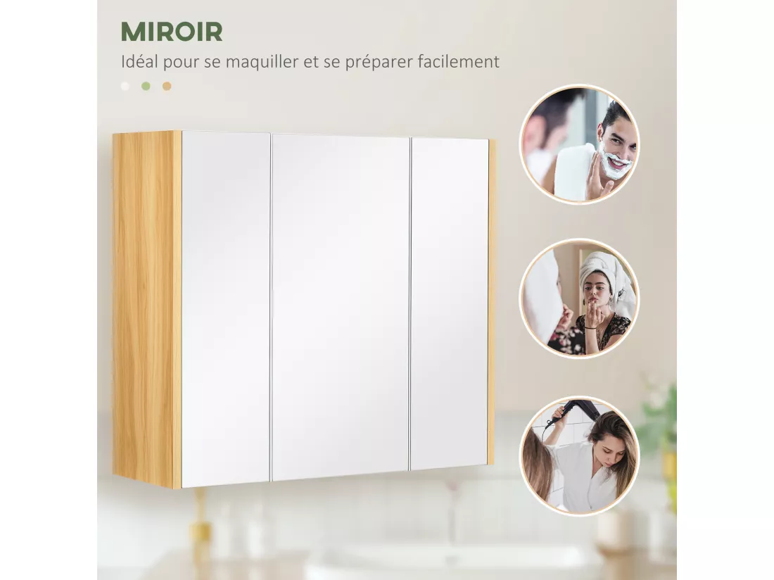 Armoire miroir salle de bain 3 portes 4 étagères aspect bois clair blanc
