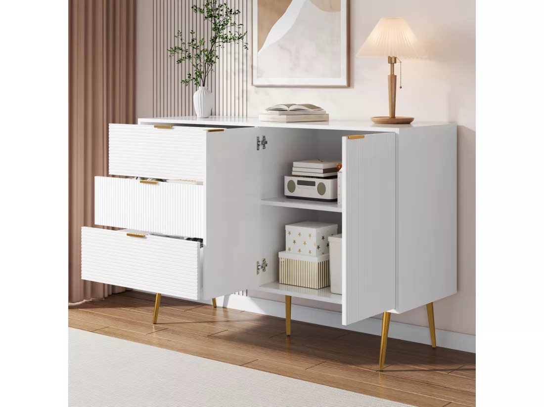 Buffet moderne - 2 portes et 3 tiroirs - Blanc