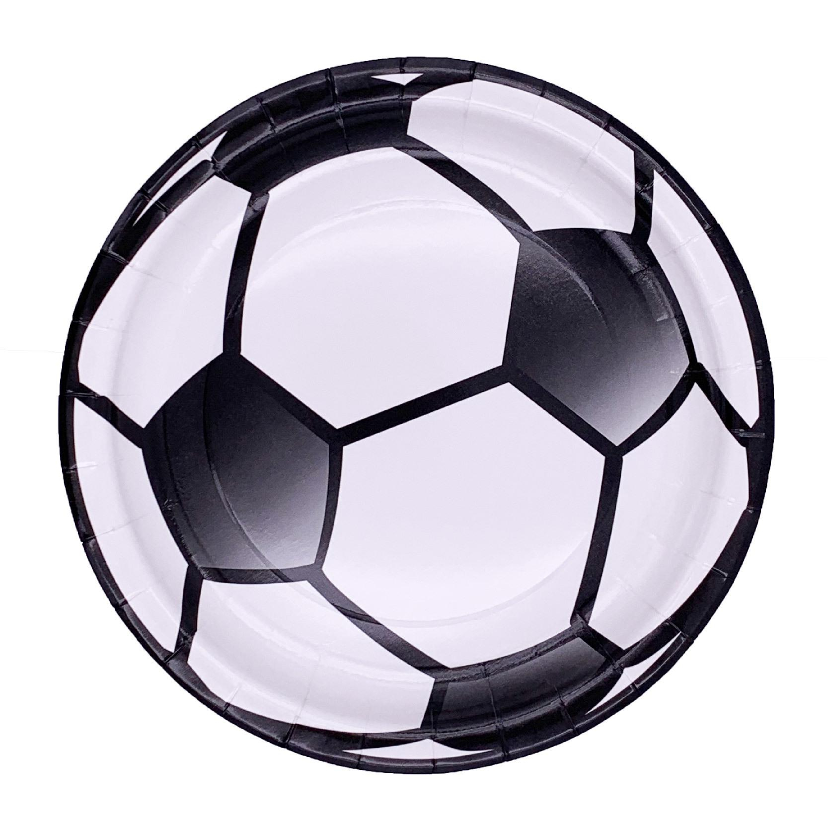 (113-tlg. Set) Einweg Geschirr Fussball Party Tisch Deko inkl. Girlande / Teller / Papp Becher / Servietten / Besteck - Schwarz / Weiss
