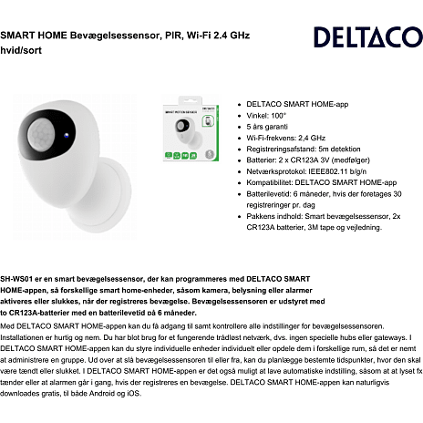 Deltaco smart bevægelsessensor PIR WiFi - hvid