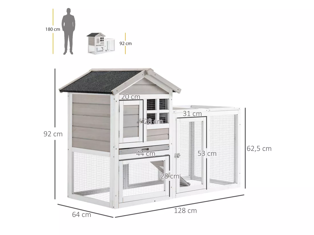 Clapier cage à lapins cottage - niche supérieure avec rampe et enclos extérieur - plateau excrément, toit bitumé, 4 portes verrouillables - bois sapin blanc gris