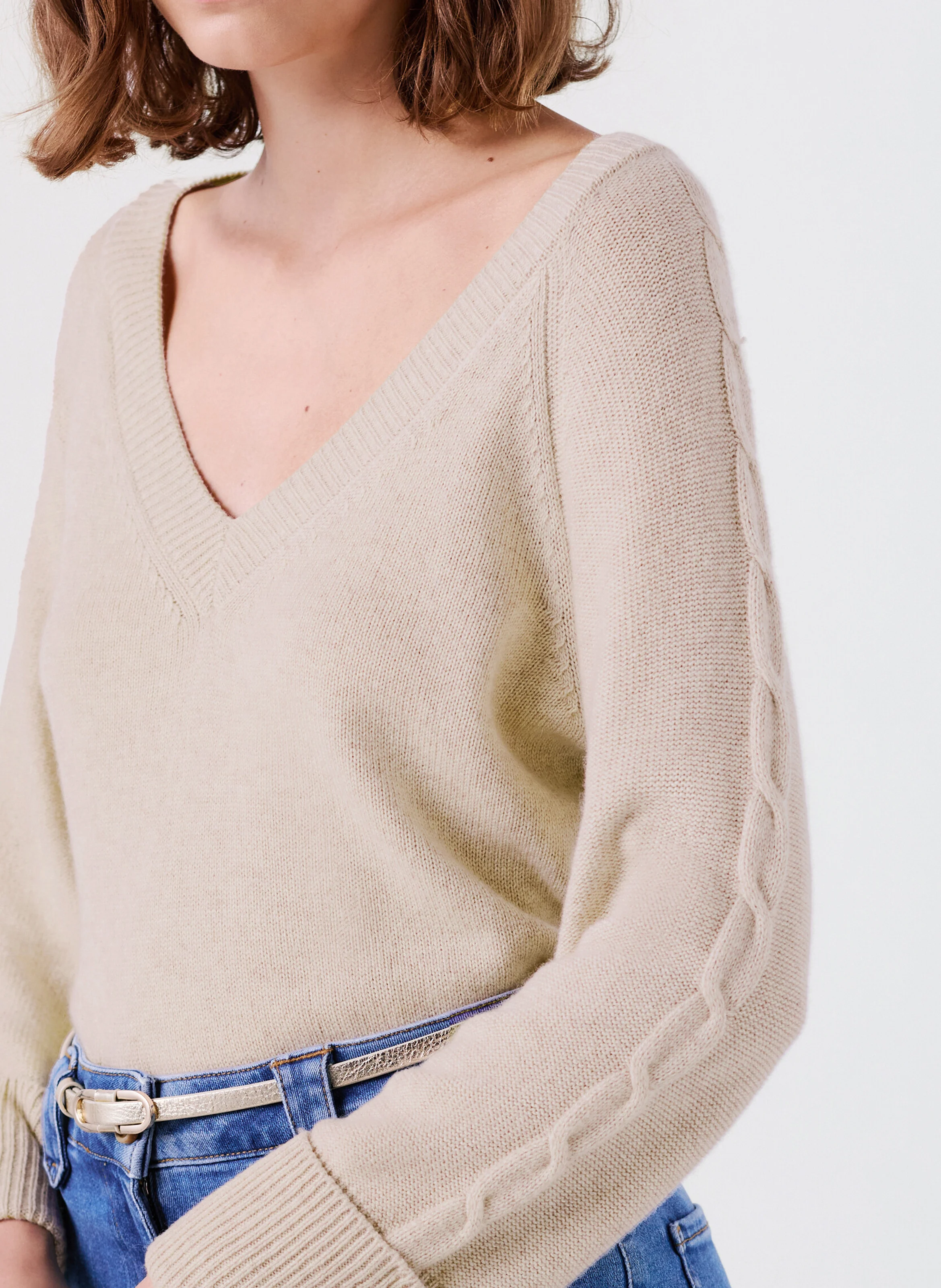 MJADE - Pull col V en laine mélangée | Beige