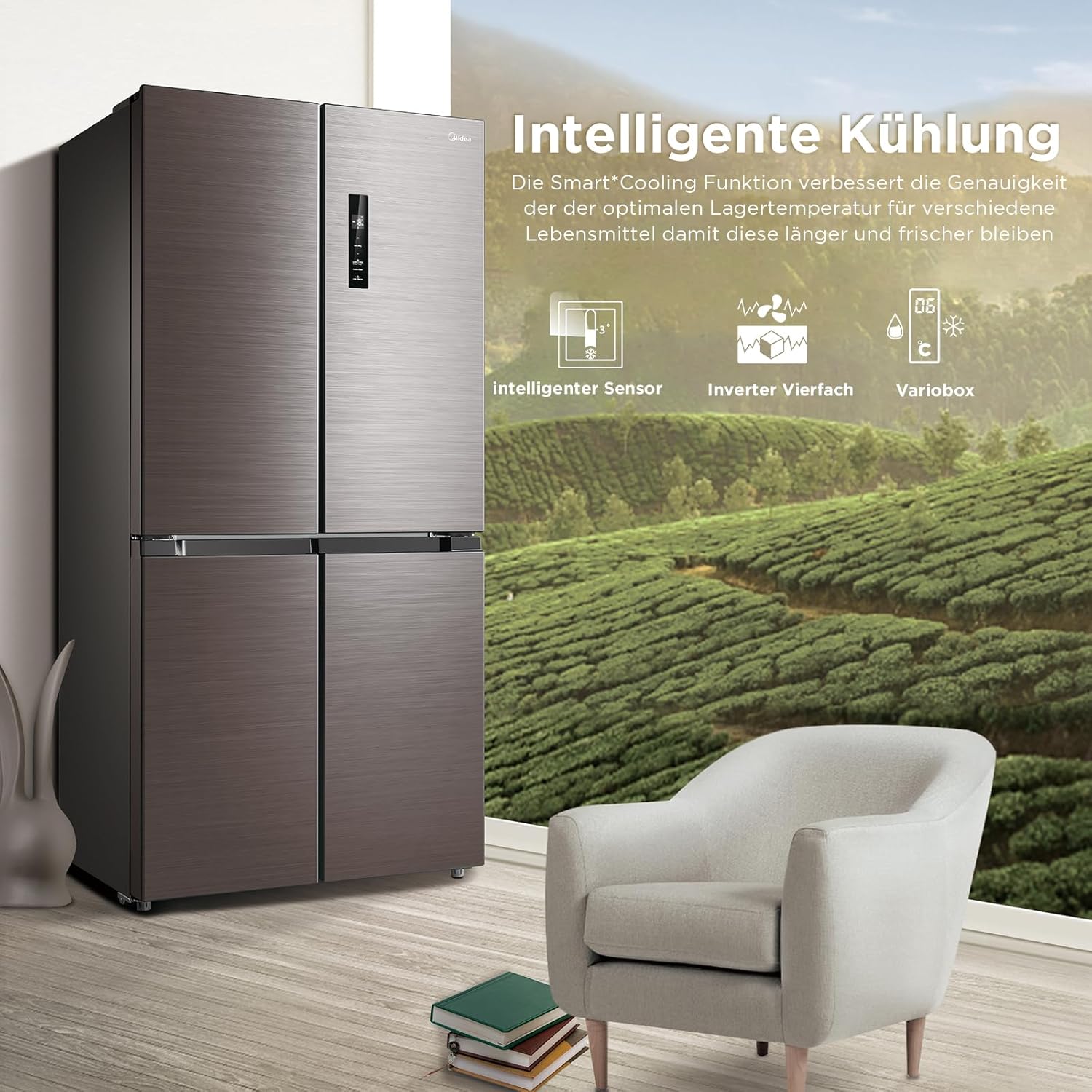 Midea MDRF632FIE28 Multi Door Kühl-/Gefrierkombination/ 177,5cm Höhe /83,3cm Breit/65,3cm Tiefe/NoFrost/295 kWh/Jahr /305L Kühlteil/169L Gefrierteil/Plasma Pure/Inverter Compressor/Vario Box