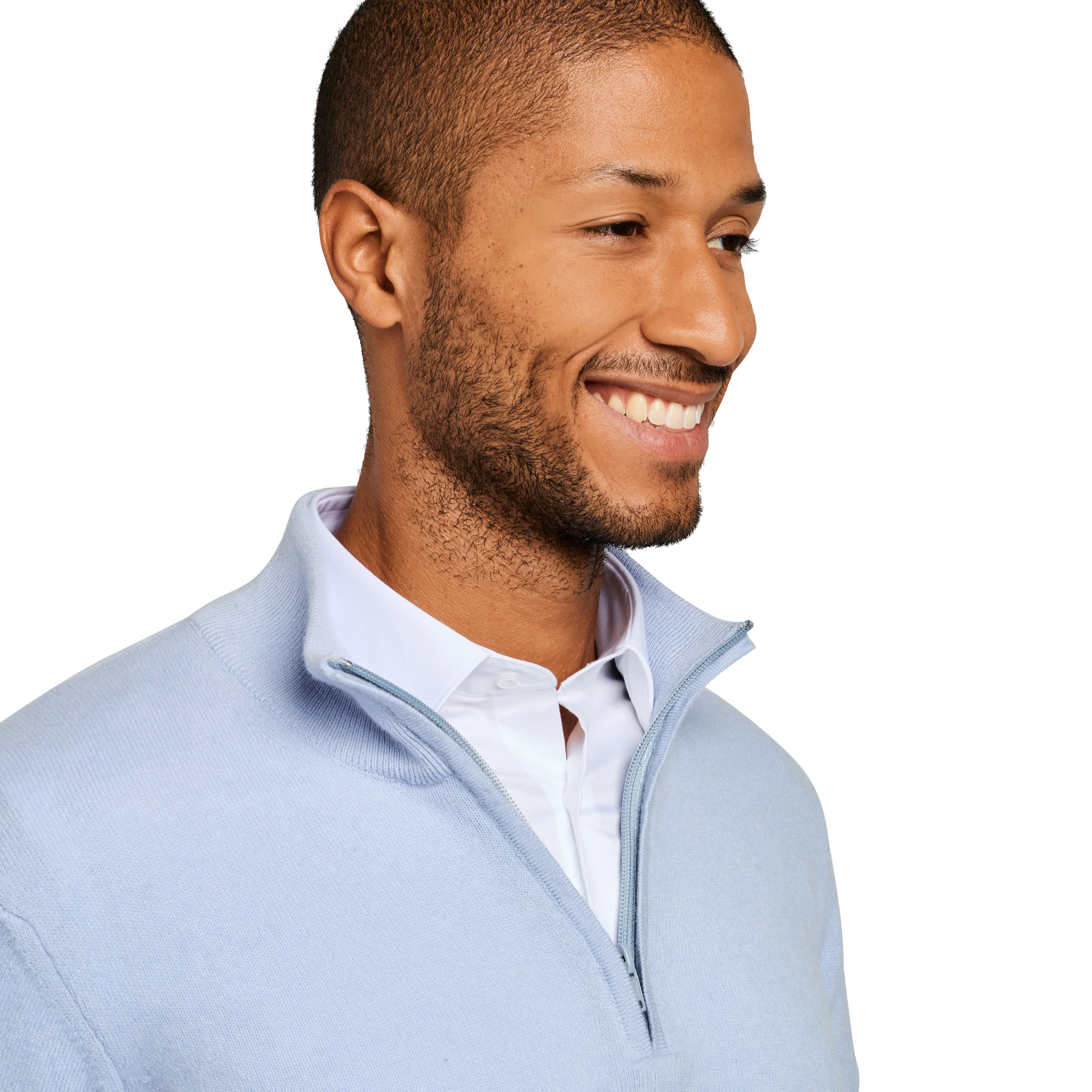 Pull col zip laine Mérinos et cachemire bleu ciel
