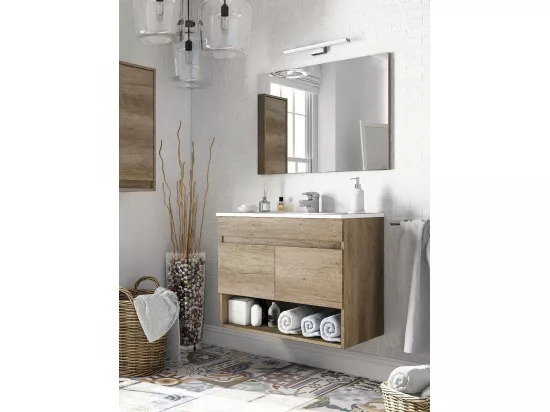 Dmele Meuble sous-vasque, meuble de salle de bain 2 portes, meuble suspendu avec étagère et miroir, évier non inclus, 80 x 45 h 64 cm, chêne
