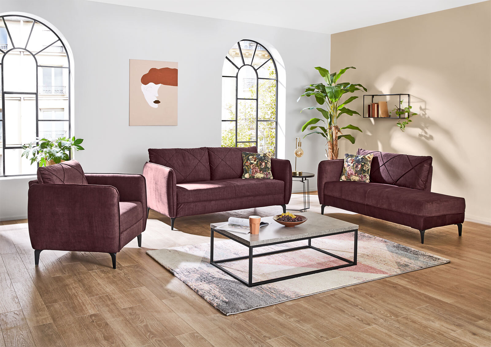 Sofa NOVARA 2,5-sitzig Stoffbezug Aubergine