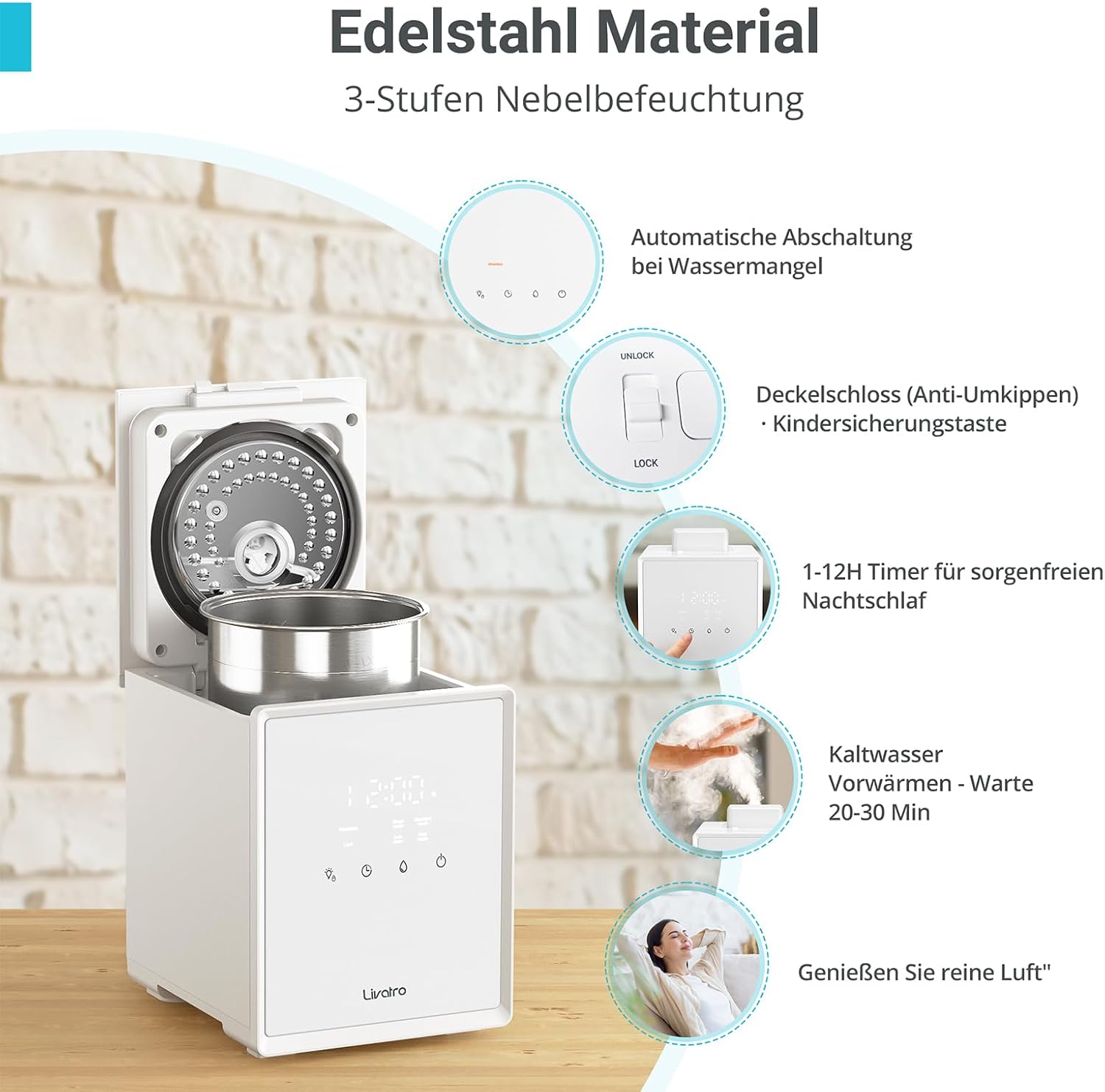 Luftbefeuchter Schlafzimmer Top-Fill, 3L Edelstahl Warmnebel Luftbefeuchter, Reduziert 99,97% der Bakterien, Für Schlafzimmer und Wohnzimmer, Spülmaschinenfest Humidifier,mit Schlafmodus