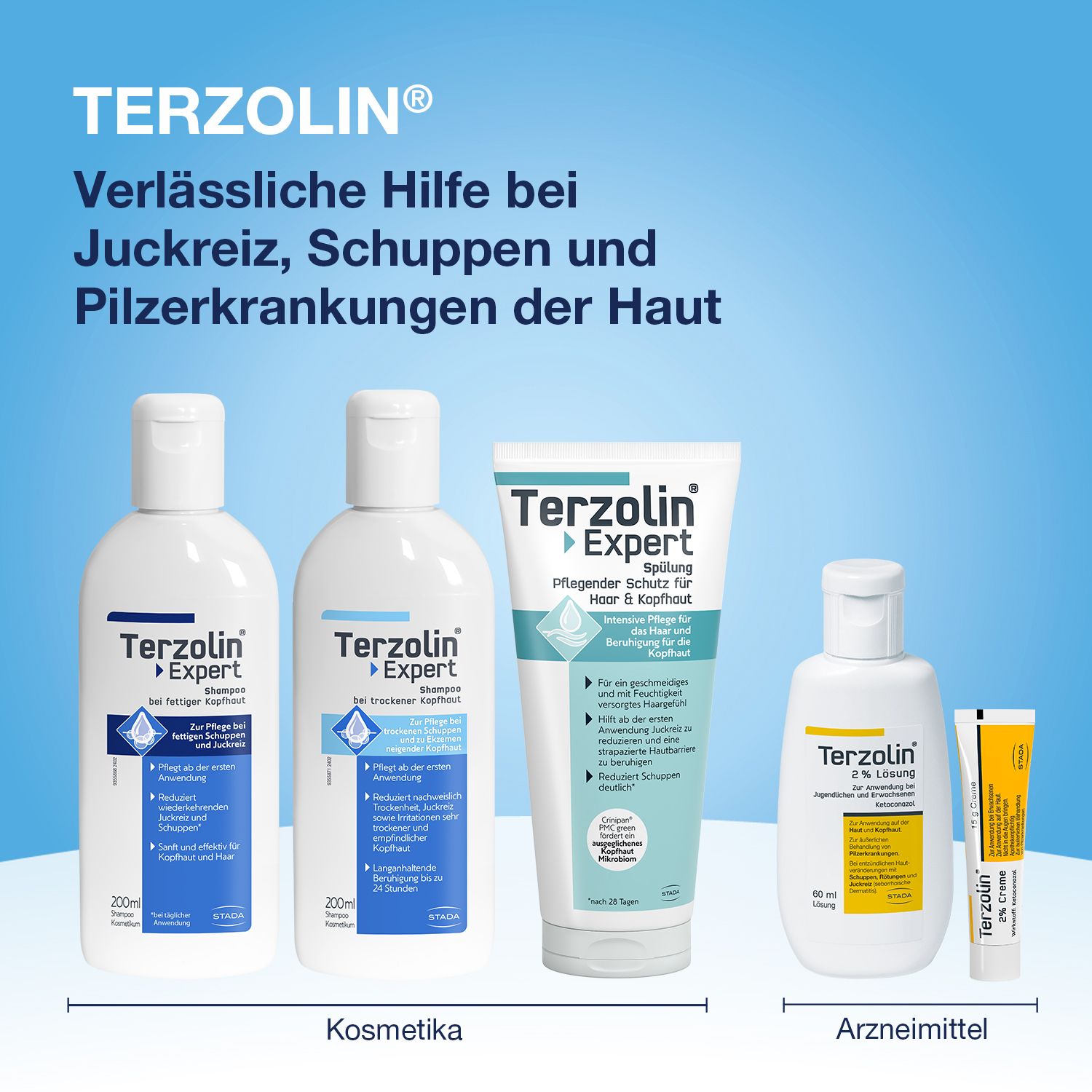 Terzolin® Expert Schuppen-Shampoo bei trockener Kopfhaut, Juckreiz und Schuppen. Besonders geeignet für empfindliche, zu Ekzemen neigende Kopfhaut und trockene Schuppen. Unterstützt das Kopfhautmikrobiom mit natürlichen Inhaltsstoffen