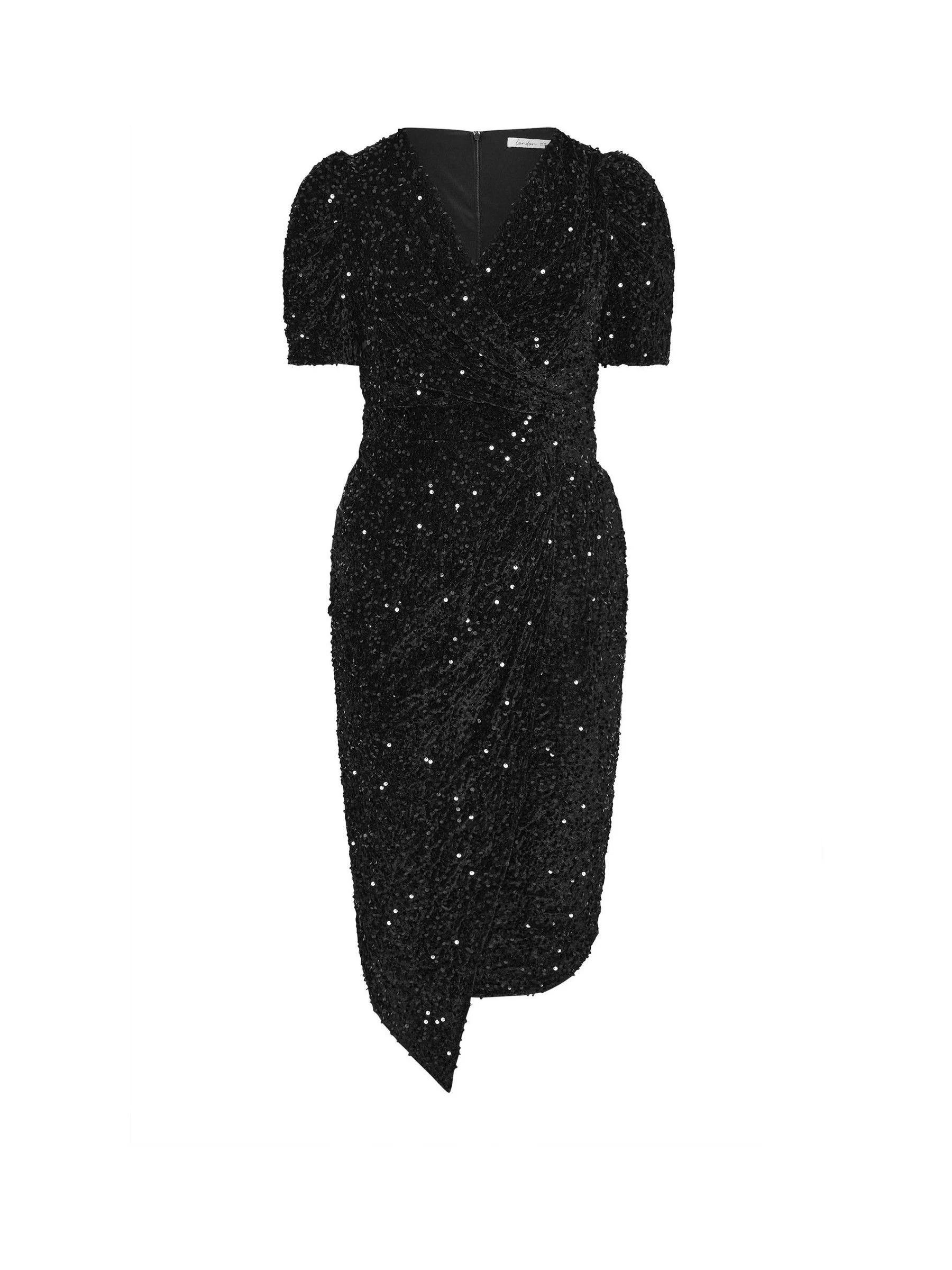 Zwart - Yours Curve London Pailletten Fluwelen Wikkeljurk met Pofmouwen