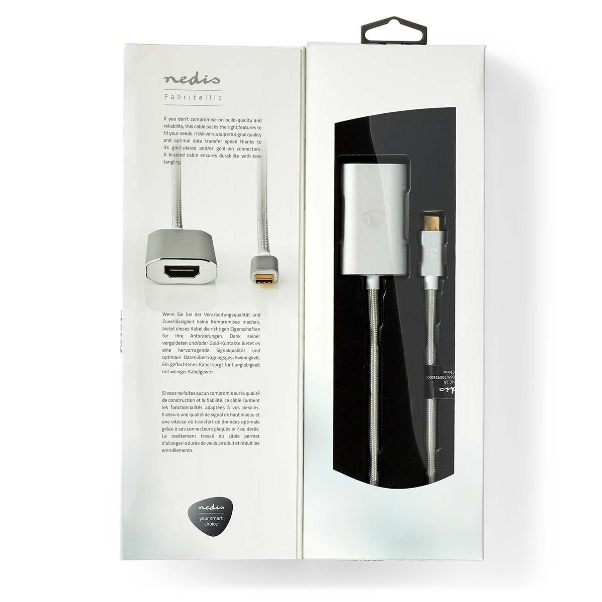 Nedis USB-C™ Adapter | USB 3.2 Gen 1 | USB-C™ Hann | HDMI™ Output | 4K@60Hz | Power delivery | 2.00 m | Rund | Gull belagt | Flettet / Nylon | Sølv | Deksel Vindusboks