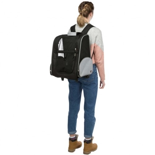 Mochila preta para animais de estimação com carrinho.