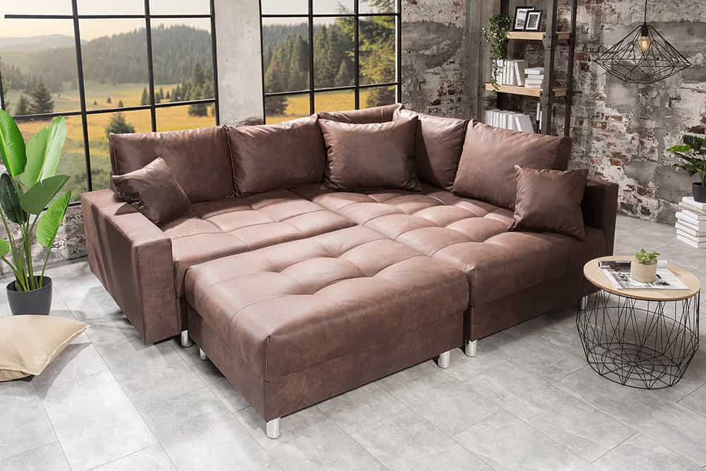 Modernes Ecksofa KENT 220cm braun Federkern Wohnlandschaft inkl. Hocker und Kissen