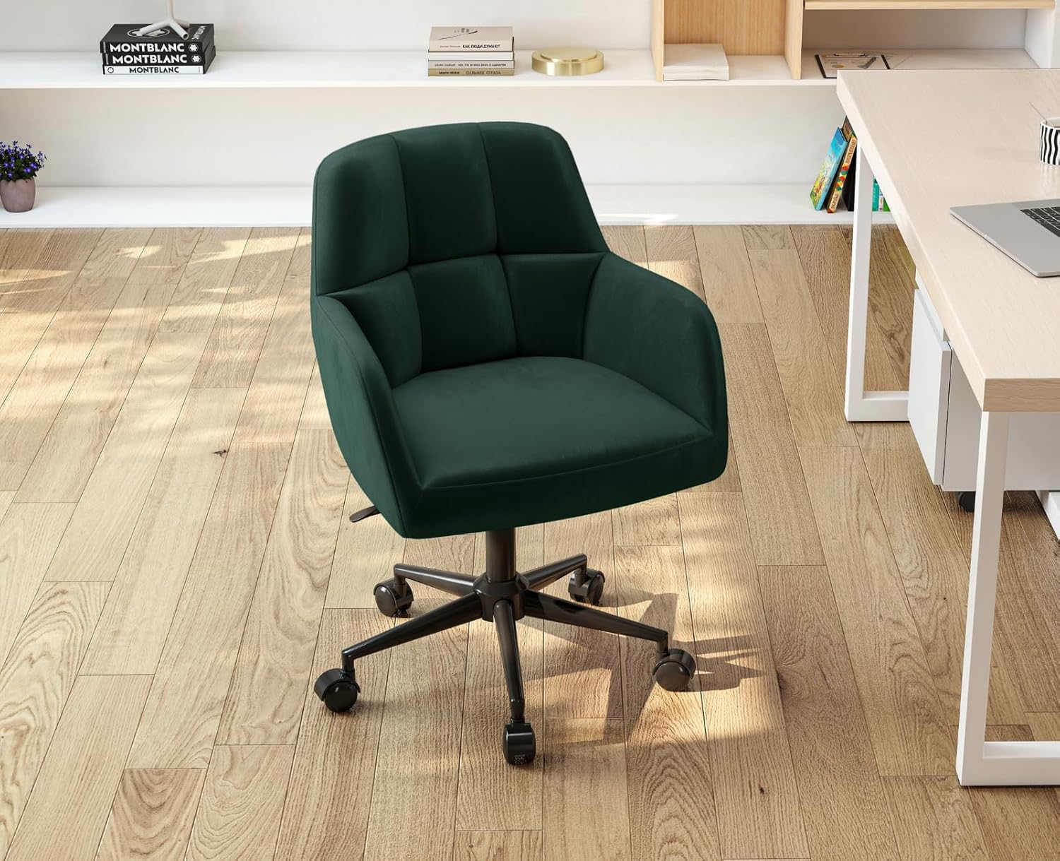 Bürostuhl Samt mit Rollen, Drehstuhl höhenverstellbar Schreibtischstuhl Dicker Rückenlehne Homeoffice Stuhl komfortabler für Arbeitszimmer, Schlafzimmer,Grün