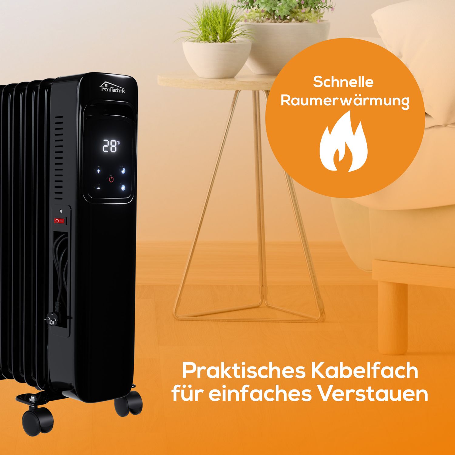 TroniTechnik® Ölradiator Elektroheizung TT-OR 307 in Schwarz mit 7 Rippen und 1500 Watt, drei Heizstufen (600W, 900W, 1500W)