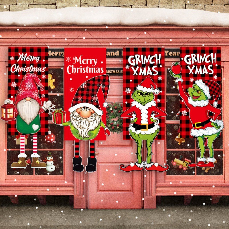 (40x110cm) Weihnachts Haustür Banner Christmas Fahne Deko Türschild - Wichtel / Laterne