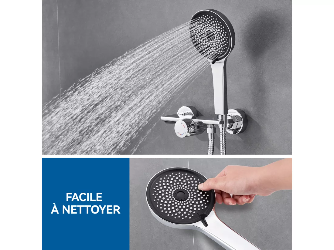 Robinet Baignoire Cascade Auralum MAX,Chromé,avec Douchette 5 Fonction,Mitigeur en Laiton,Robinet Douche ​Montage Murale avec Douche Chaud Et Froid