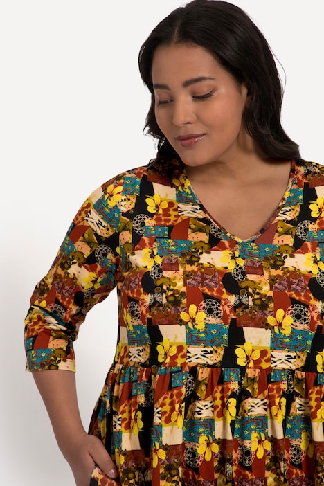 Jerseykleid, A-Line, Allover Druck, Taschen, V-Ausschnitt, 3/4-Arm