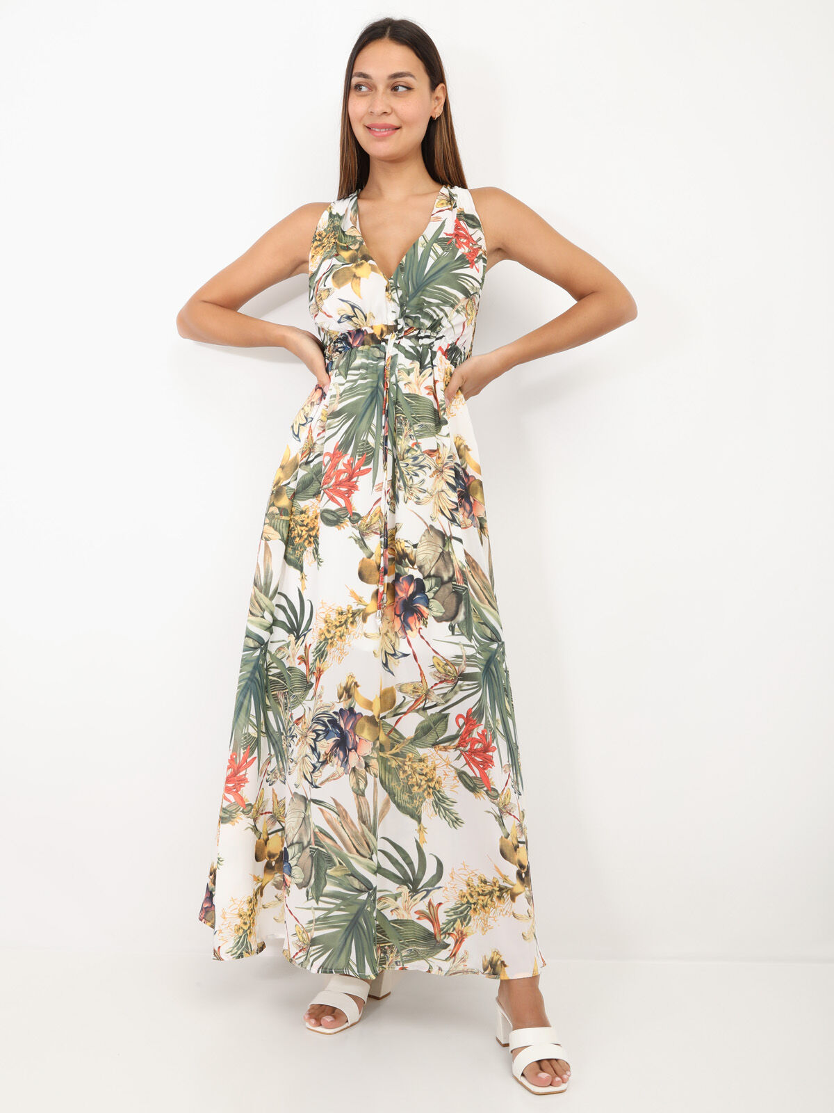 Robe décolletée imprimé fleuri- Blanc