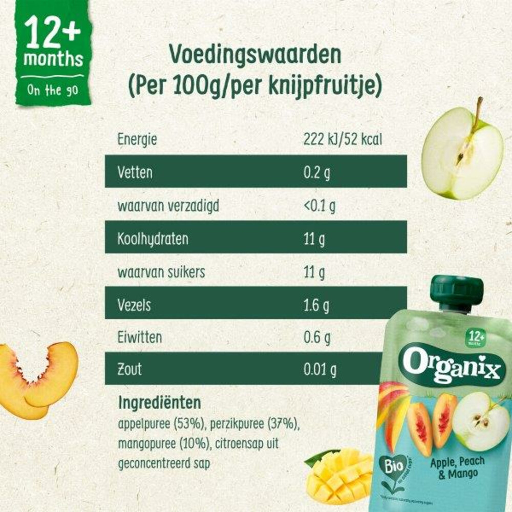 6x Organix Knijpfruit 12+m Appel, Perzik & Mango100 gr