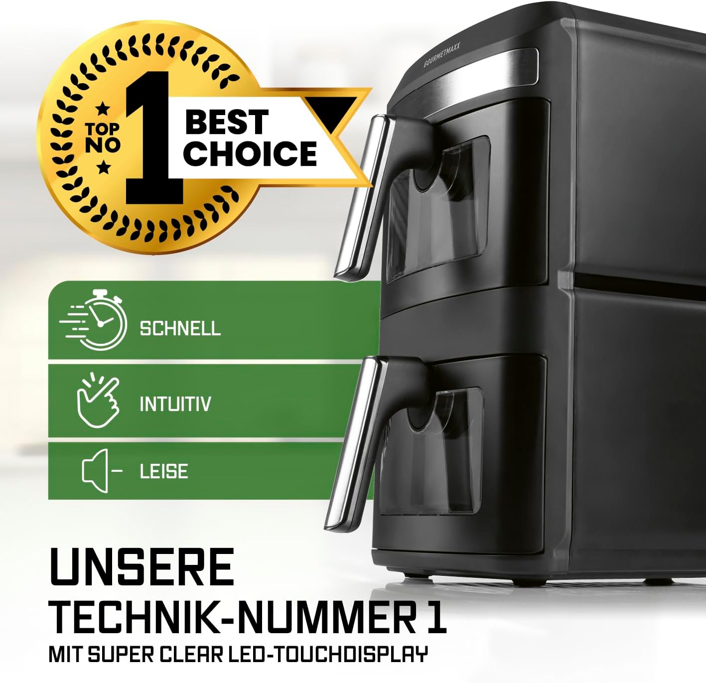 GOURMETmaxx FryUp XL vertikale Doppelkammer Heißluftfritteuse mit Sichtfenster - 12 L | Airfryer mit 9,6 Zoll Multi-Colour LED-Touchdisplay & 12 Programmen | Heißluftfritteuse 2 Kammern mit Oberhitze