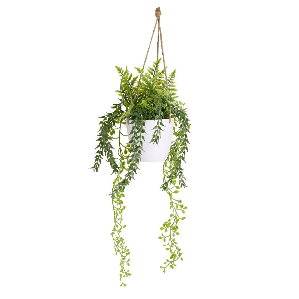 Plante verte artificielle à suspendre pot blanc Ø11xH34cm - 2 modèles