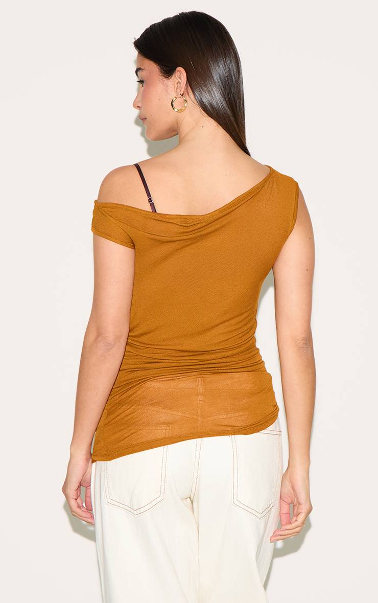 Marron Haut Long Sans Manches Col Bénitier En Matière Transparente Douce Au Toucher