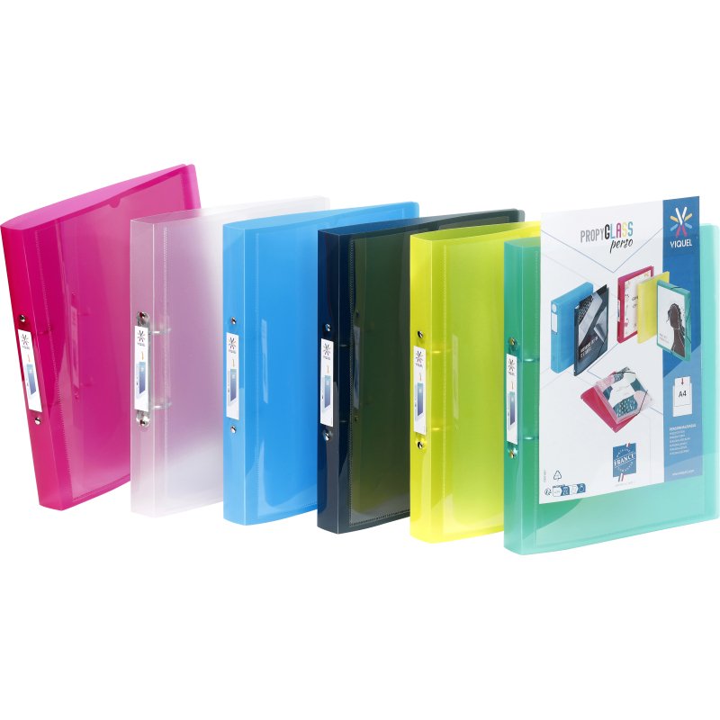 Classeur 2 anneaux plastifié Viquel Propyglass personnalisable A4 – Dos 3.5 cm couleurs assorties translucides