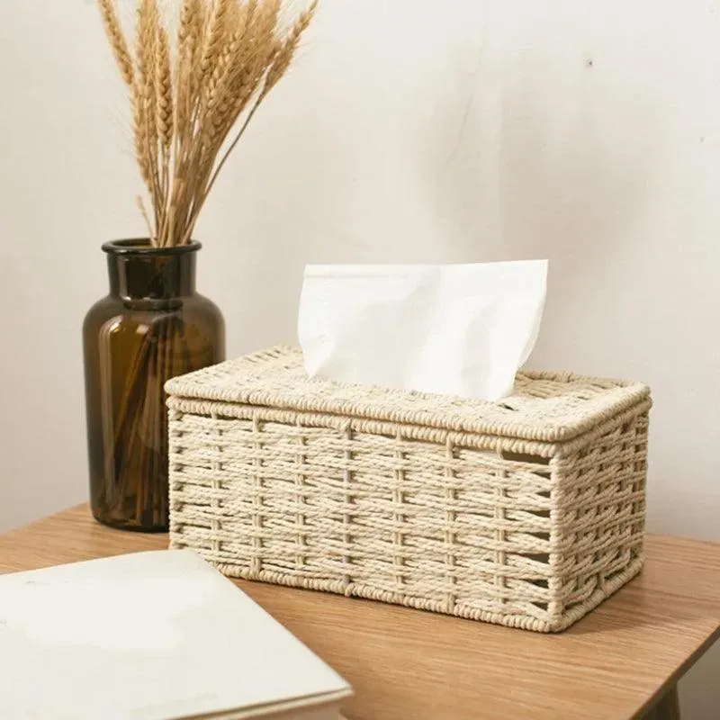 Modern Rattan Tissue Box organizer | Boho Vintage Napkin Holder Case