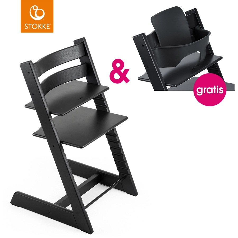 STOKKE® Tripp Trapp® Hochstuhl Oak schwarz + gratis Baby Set schwarz