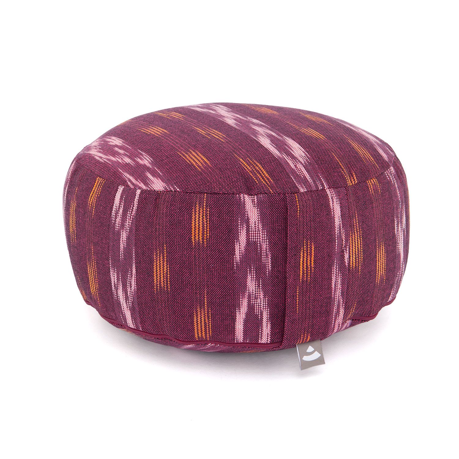 bodhi ETHNO Collection: Meditationskissen RONDO Ikat-Webstoff, weinrot gem., Dinkelhülsen