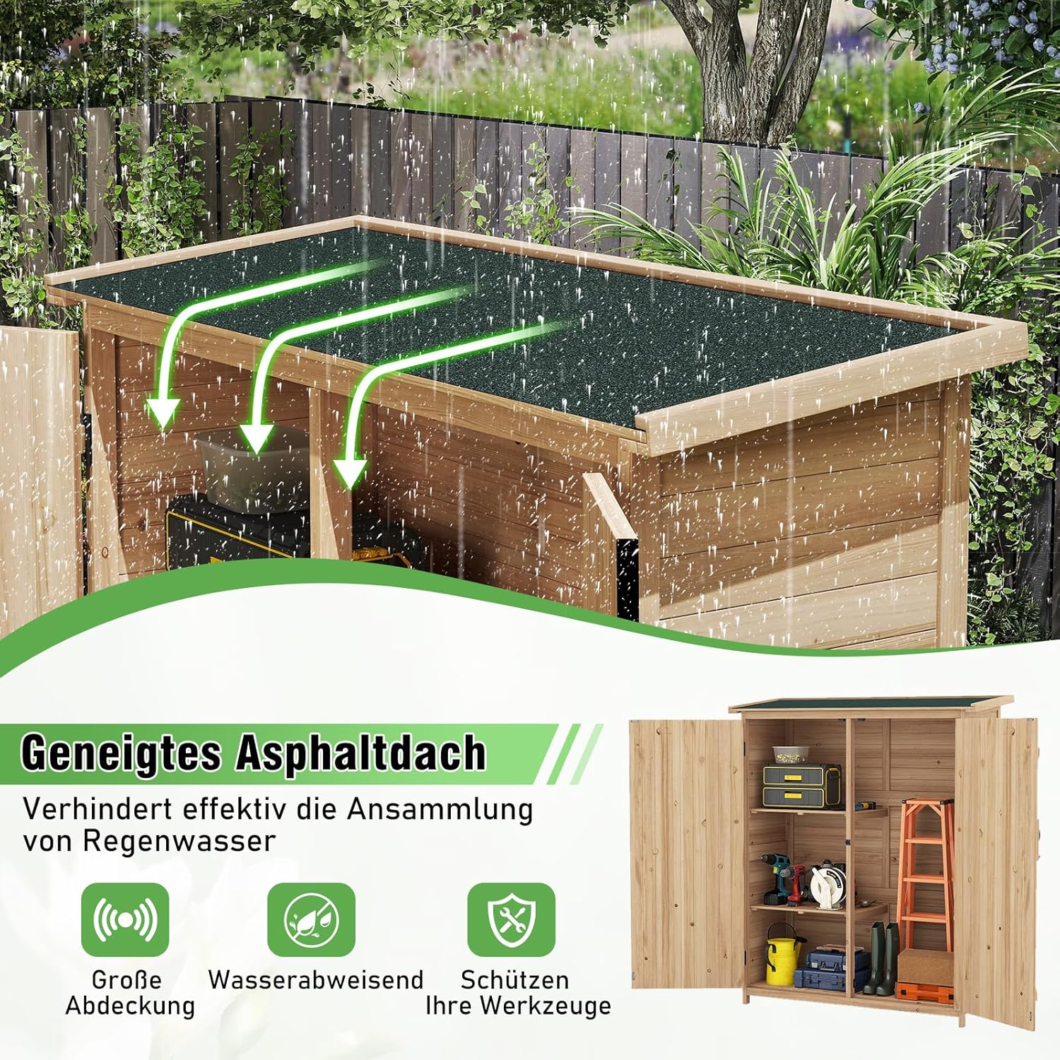 COSTWAY Gartenschrank Holz, Geräteschuppen mit Wasserfestem Asphaltdach & Abnehmbare Regale & Abschließbare Türen, Gerätehaus, Outdoor Gartenhaus für Garten, Terrasse, Rasen, 140 x 51 x 163 cm