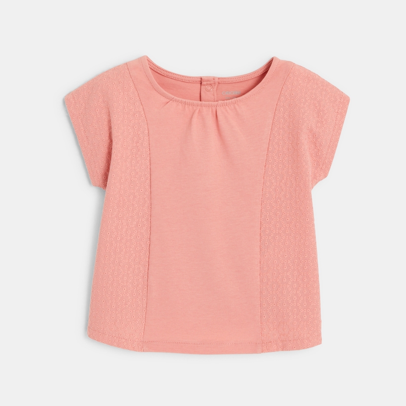 Blouse brodée bi-matière rose bébé fille