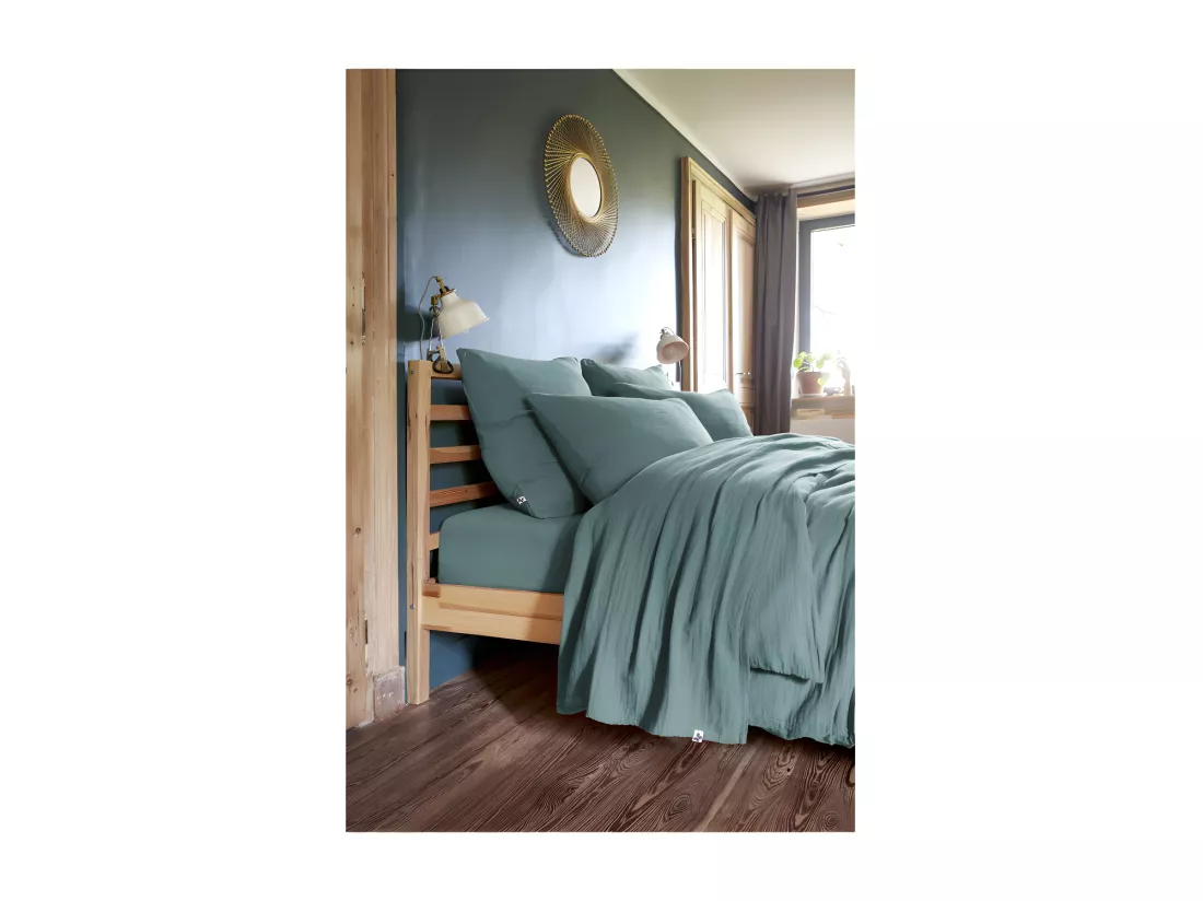 Drap plat 240 x 300 cm en double gaze de coton bleu canard - PEPA