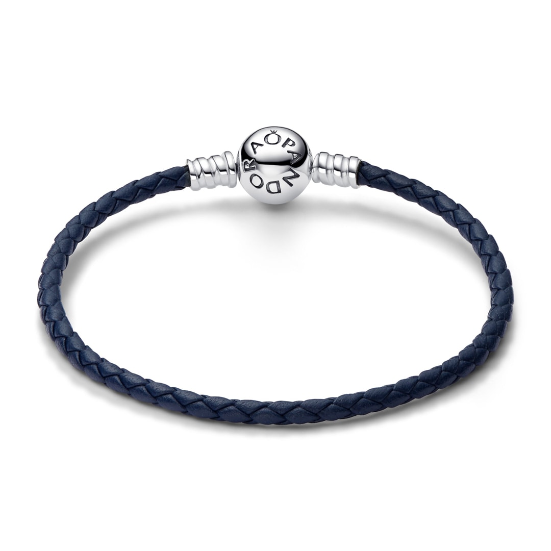 Pandora Moments Blaues Geflochtenes Lederarmband mit Kugelverschluss
