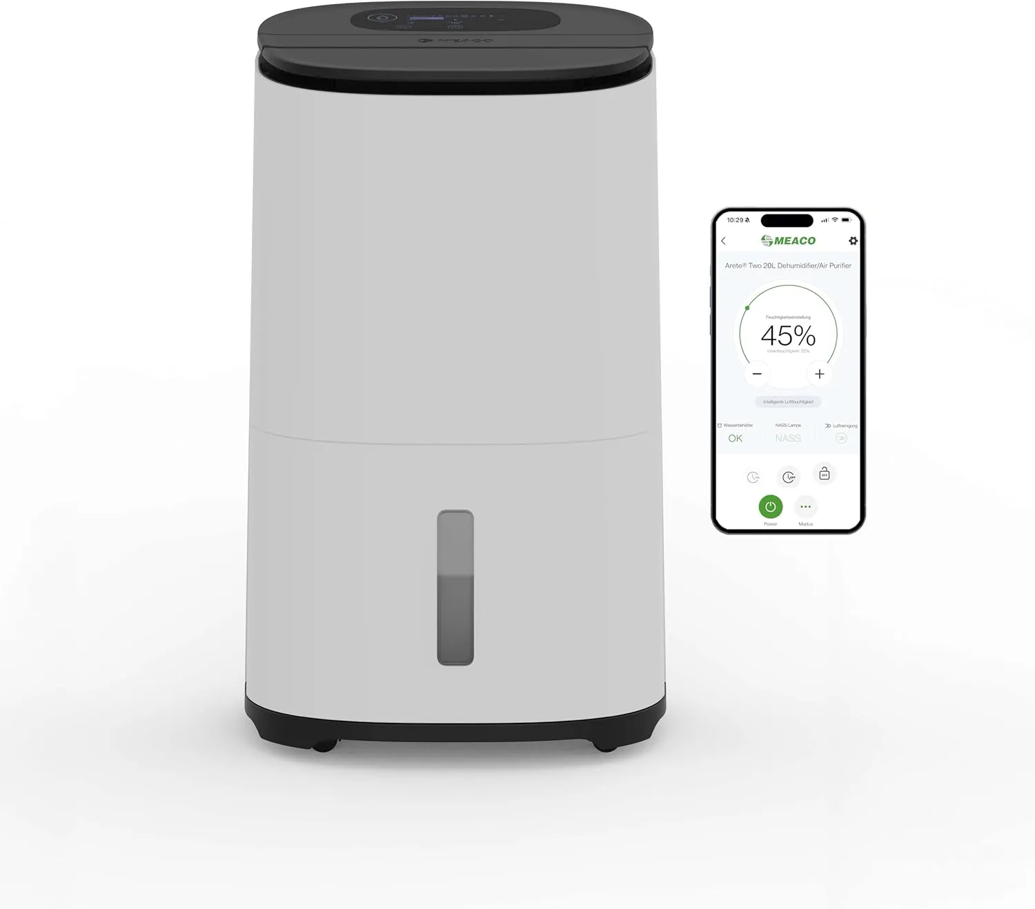 Meaco MeacoDry Arete® Two 20L Luftentfeuchter & HEPA-H13-Luftreiniger, Meaco-WLAN-App, intelligenter Feuchtigkeitsmodus, Wäschemodus, Stromsparmodus, leiser Modus, senkt Feuchtigkeit, 5 Jahre Garantie