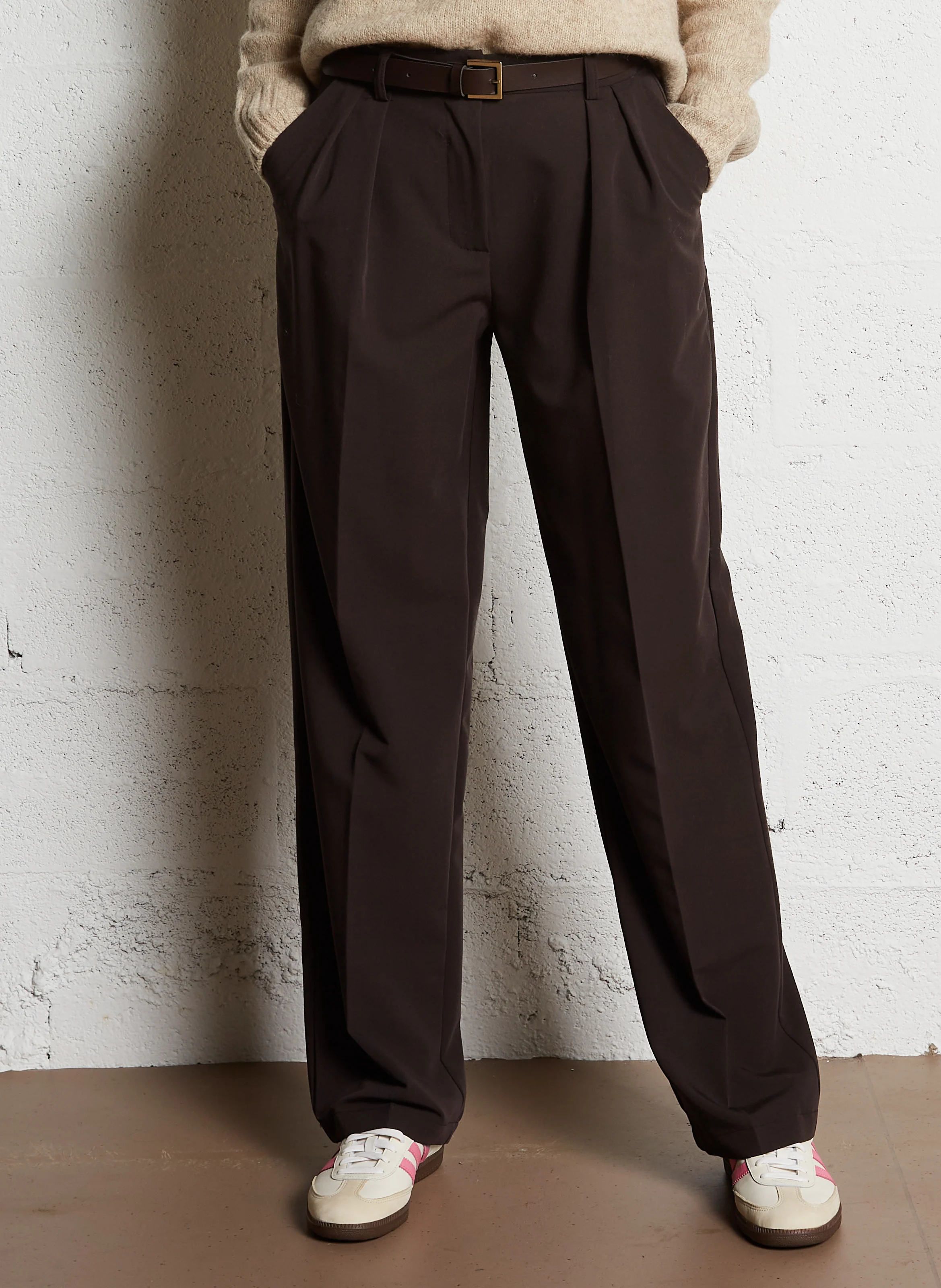 Pantalon large à ceinture| Marron