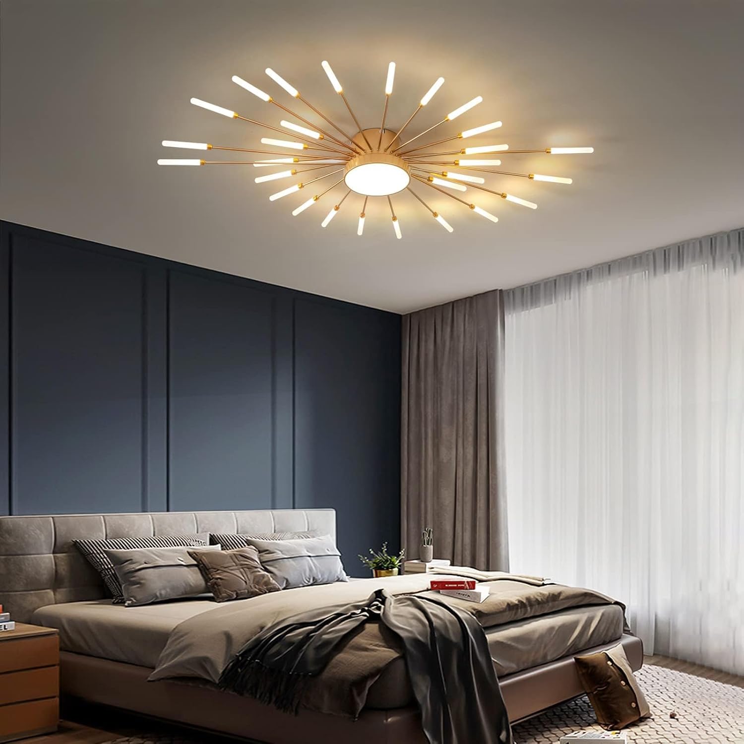 Moderne LED-Deckenlampe,28+1 Köpfe Dimmbar Schlafzimmerlampe,goldene Kronleuchter,Deckenleuchte Für Schlafzimmer,Wohnzimmer,Küche,Esszimmer,Büro,3000K–6000K Mit Fernbedienung