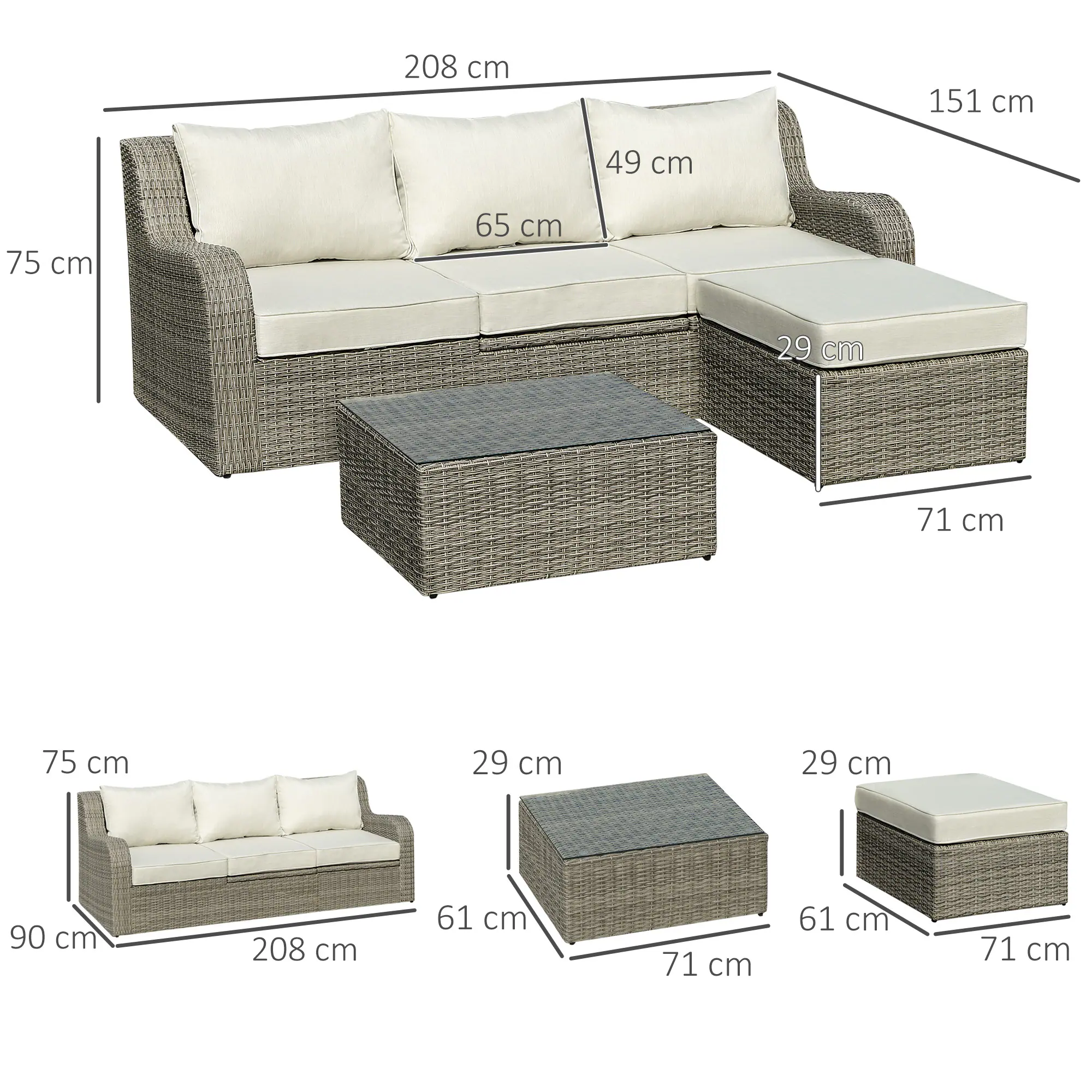Outsunny Gartenmöbel Set mit anhebbarem Beistelltisch grau 208L x 90B x 75H cm