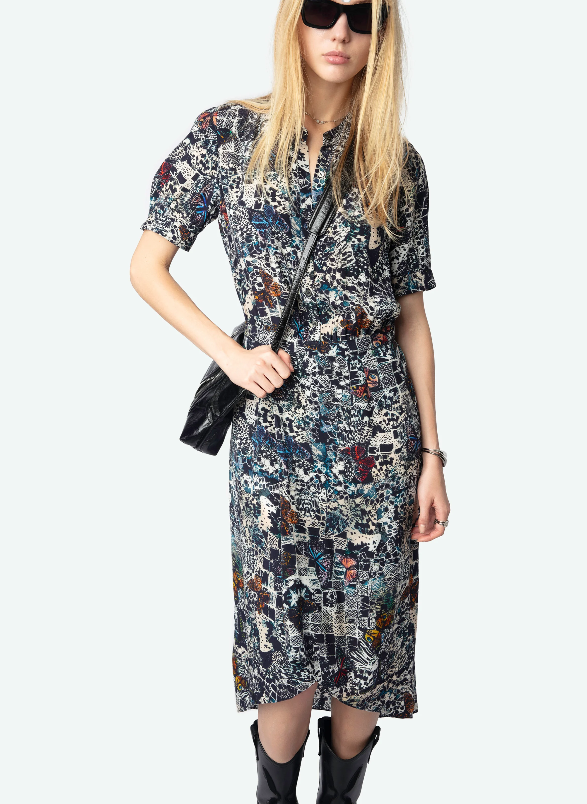 RIMAZ - Robe midi imprimée à manches courtes | Bleu