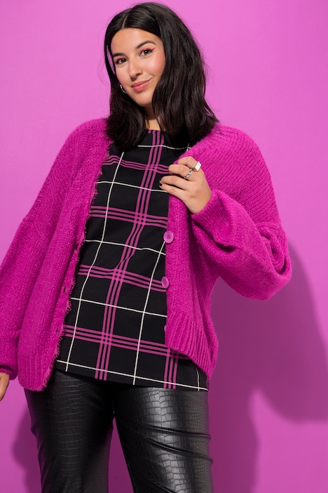 Strickjacke, oversized, Spitzenkante, Langarm