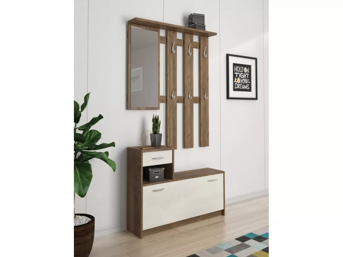 Meuble d'entrée Clint, Entrée moderne, Armoire avec étagère à chaussures, Armoire polyvalente avec miroir et cintre, 100x25h180 cm, Chêne et Blanc