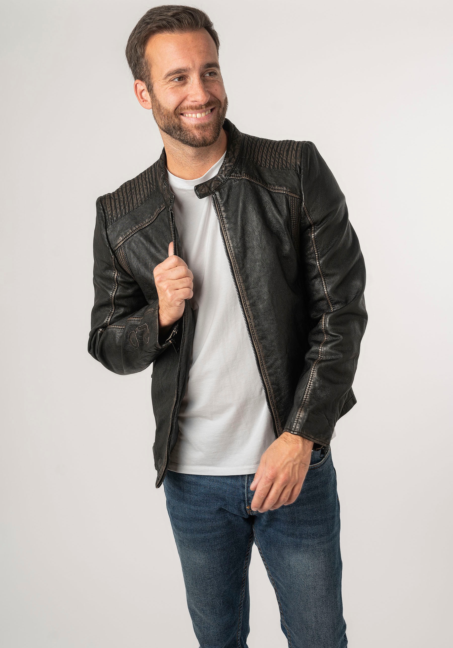 Mauritius Lederjacke »2Mgoji SF« mit markanten Ziernähten, Ziersteppung, Antik-Optik, Reissverschluss