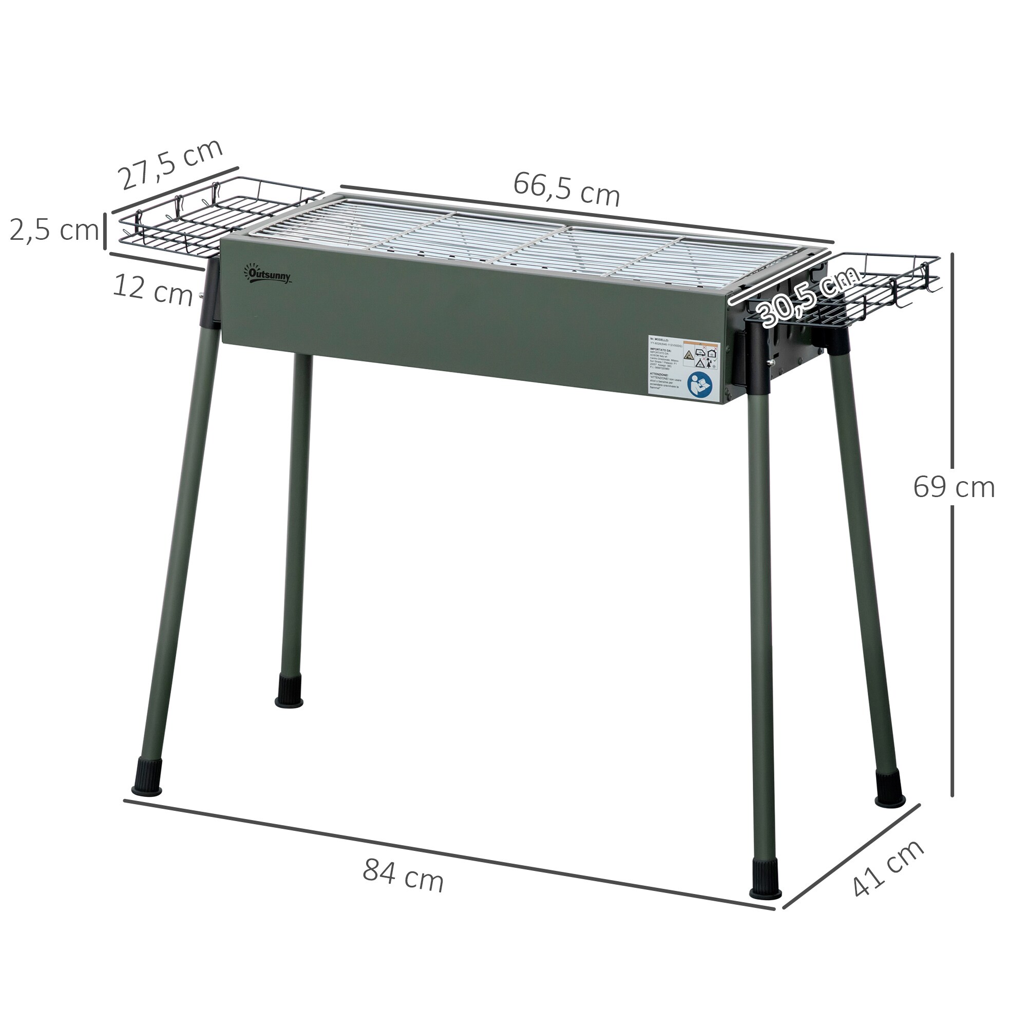 Outsunny Holzkohlegrill mit Grillrost, Grillrost-Clip und Seitenkörbe grün 77L x 30B x 70H cm